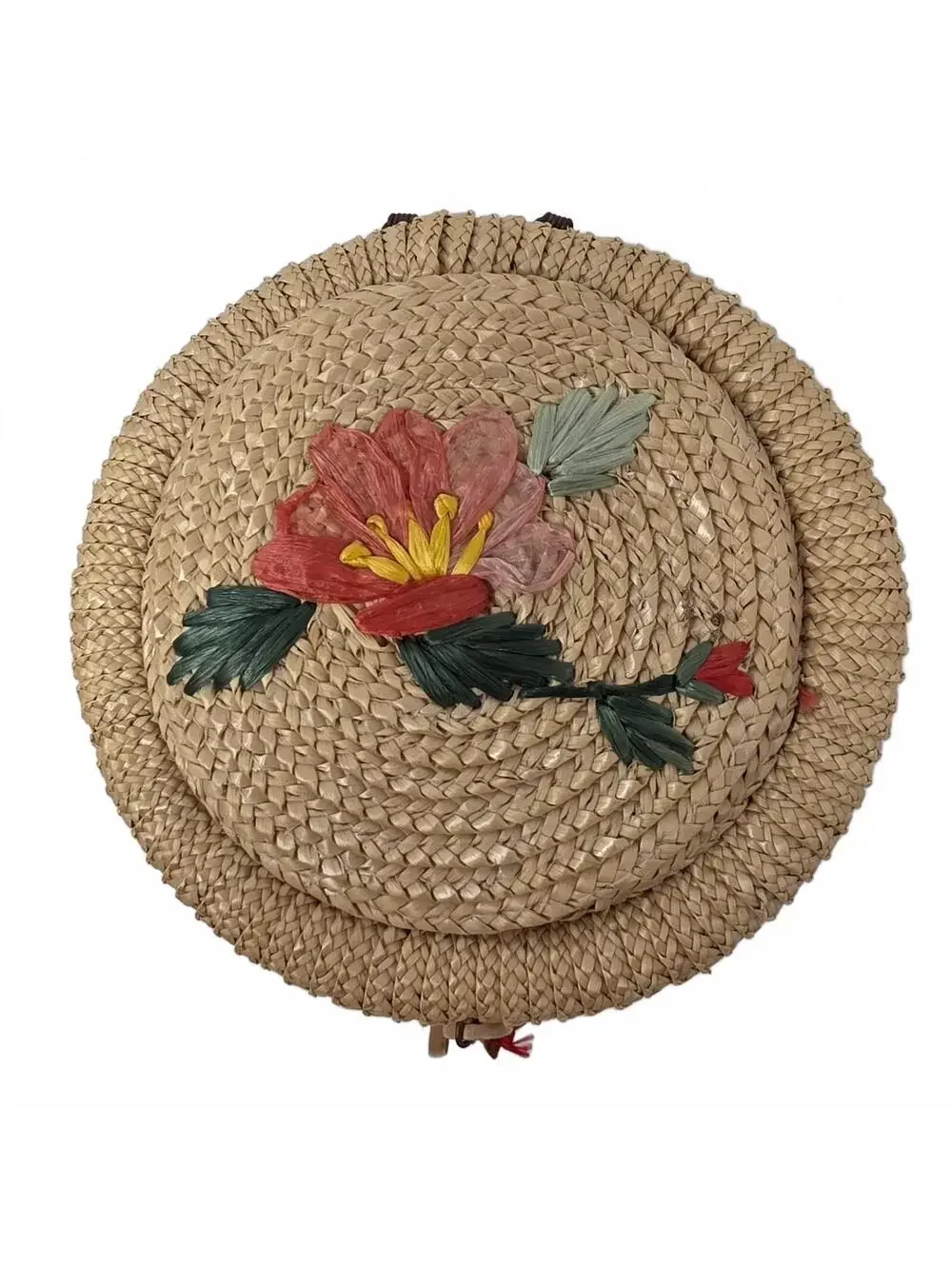 Vintage Chinese Raffia Sewing Basket Floral Lid Red Lined With Buttons